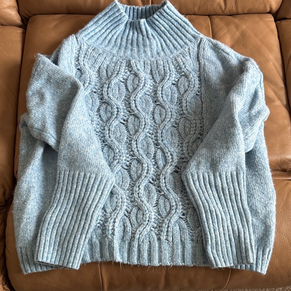 White House Black Market Light Blue Cable Knit Turtleneck Sweater